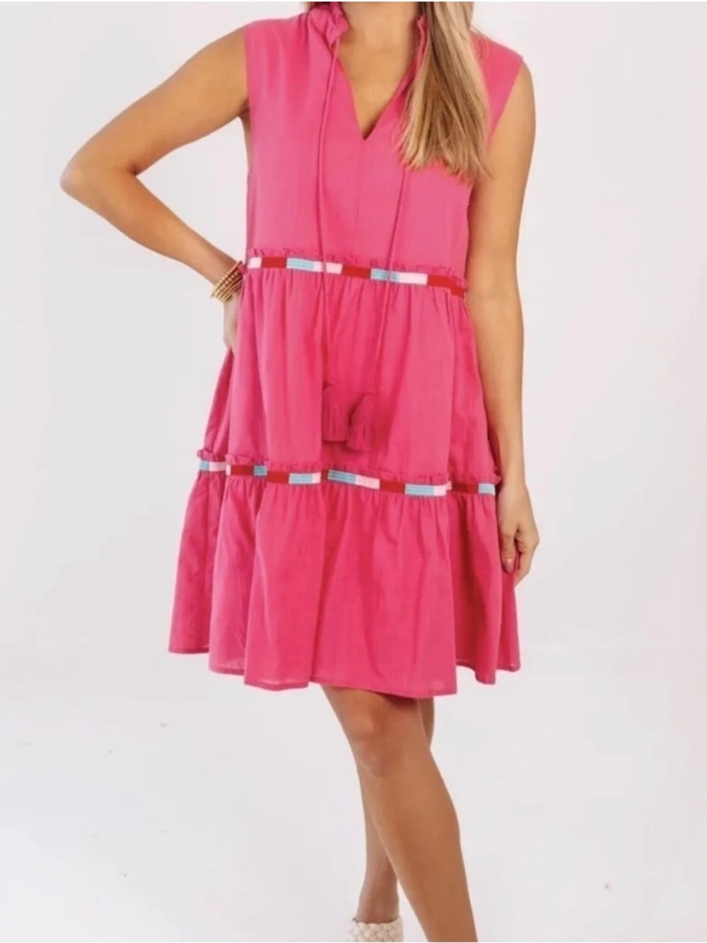 J. Marie Pink Embroidered Tiered Bristol Swing Dress Size: Small